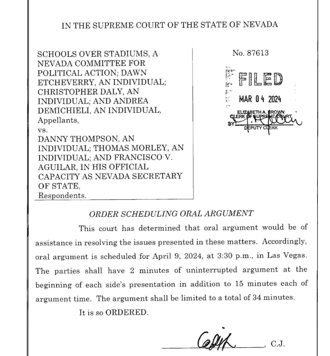tabitha_mueller's tweet photo. Oral arguments are scheduled for April 9 following Schools Over Stadium's appeal of a judge's decision to reject the language of a proposed ballot referendum petition that would have repealed public funding for a new MLB stadium in Las Vegas. https://t.co/OVAnDTvnJw