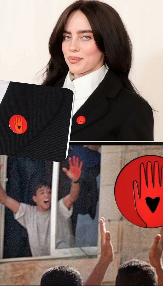 GabyLob's tweet photo. La "mano roja" en el pin es una referencia a esta infame foto. En 2000, durante la Segunda Intifada, dos israelíes entraron accidentalmente en una ciudad palestina en Cisjordania. Fueron desmembrados y asesinados violentamente. Aziz Salha en la foto, participó en el linchamiento y luego agitó sus manos empapadas de sangre en una ventana ante una multitud de palestinos que lo vitoreaban.

@billieeilish