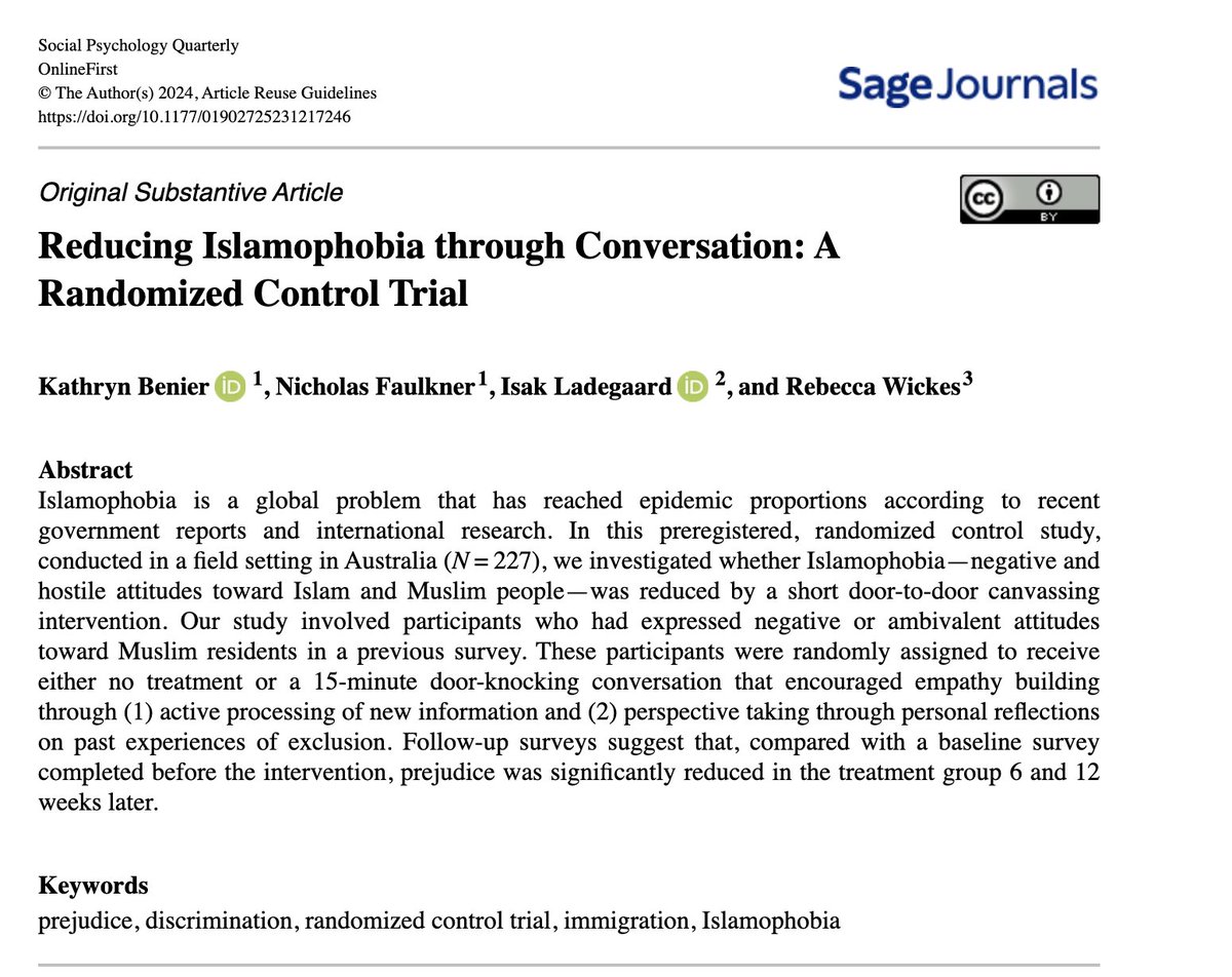 Check out our new OnlineFirst article! “Reducing Islamophobia through Conversation: A Randomized Control Trial” in #SPQ! @ASASocPsych @SREJournal @KathrynBenier @nickjfaulkner @isak_ladegaard @rlwickes journals.sagepub.com/doi/full/10.11…