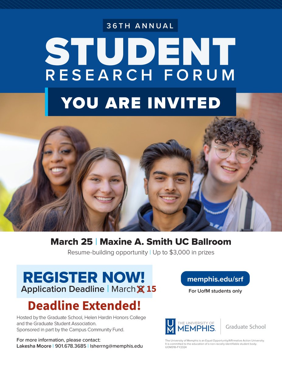 Attention <a href="/uofmemphis/">University of Memphis</a> students! Present your research! Cash prizes for all categories! Registration deadline has been extended to March 15th!

More information: memphis.edu/srf/about/inde…