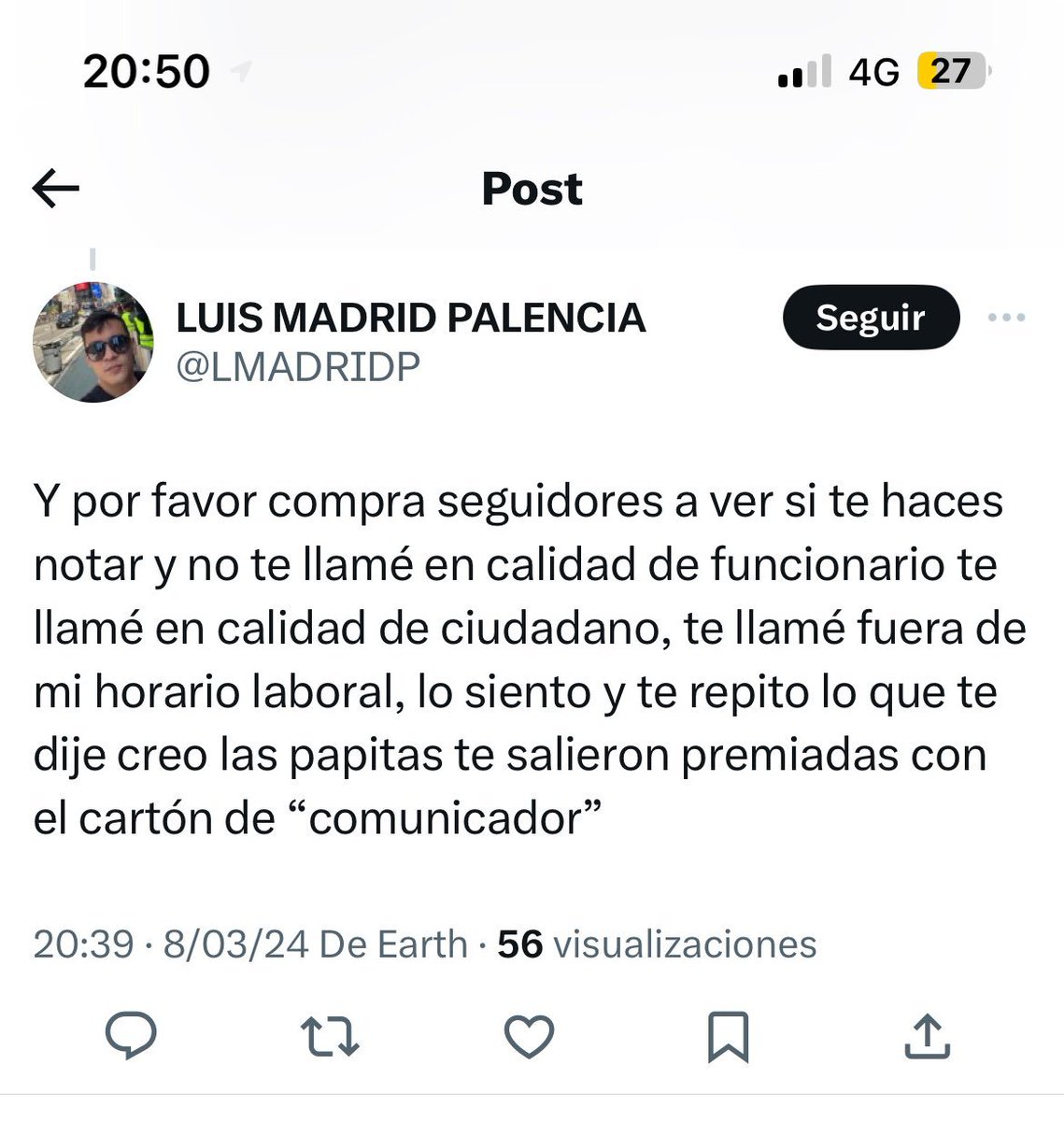 RonnySuarez_'s tweet photo. Así trata Luis Madrid Palencia, funcionario del @invimacolombia, a la periodista @camisarmiento, de @WRadioColombia,  quien investiga presunto acoso laboral en la entidad. 👇 https://t.co/eytYvPYL3o