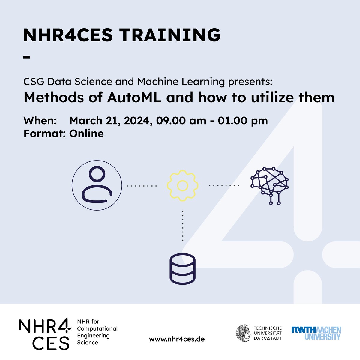 NHR4CES (@nhr4ces) on Twitter photo News from our CSG Data Science and Machine Learning: <a href="/jonas_seng/">Jonas Seng</a> presents the training „Methods of AutoML and how to utilize them“:
📅 March 21, 2024, 9.00 am - 1.00 pm, online
Register now: eveeno.com/methods_of_aut…
#NHR4CES #HPC #ML #MachineLearning #AI #Service #Training News from our CSG Data Science and Machine Learning: <a href="/jonas_seng/">Jonas Seng</a> presents the training „Methods of AutoML and how to utilize them“:
📅 March 21, 2024, 9.00 am - 1.00 pm, online
Register now: eveeno.com/methods_of_aut…
#NHR4CES #HPC #ML #MachineLearning #AI #Service #Training