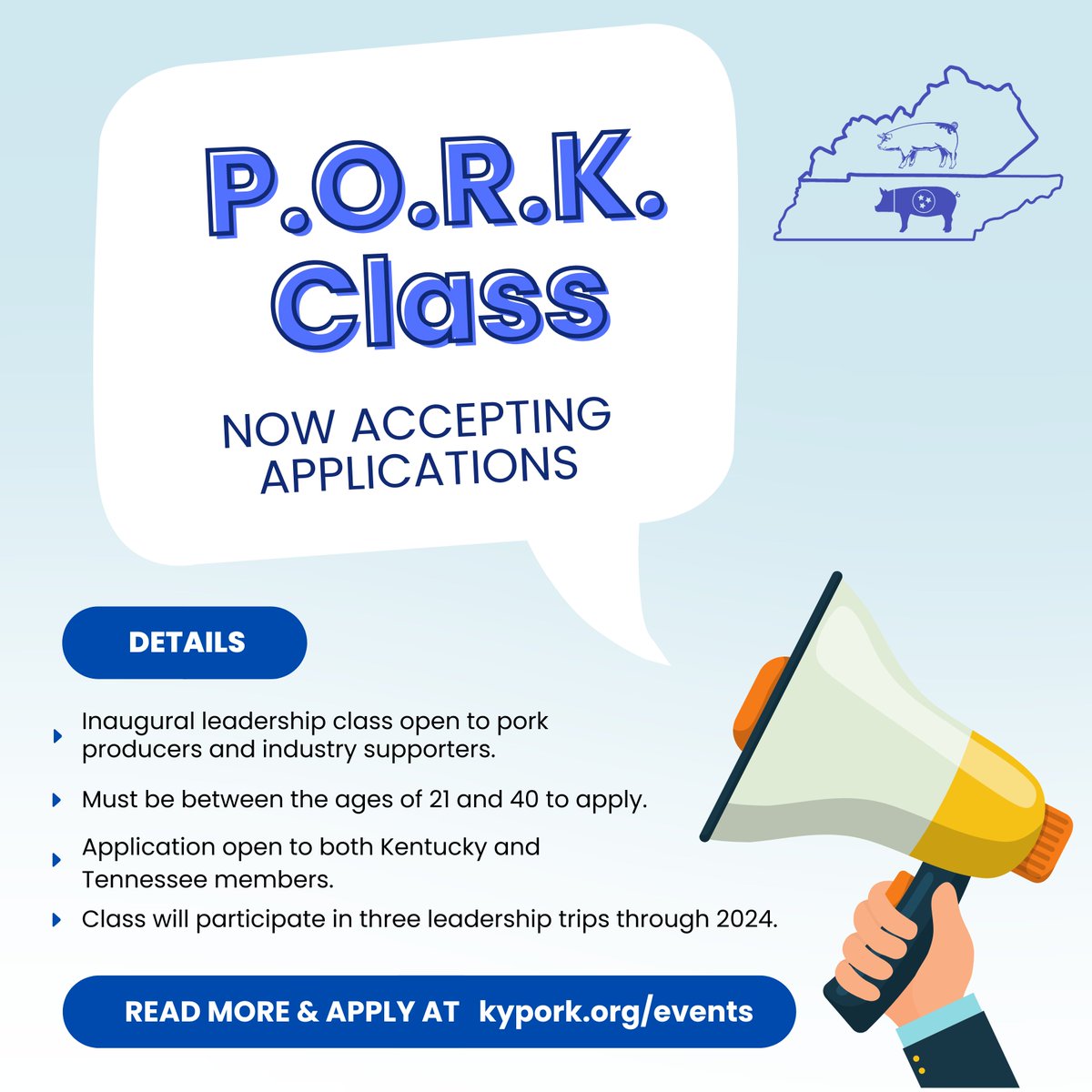 ‼️ FINAL DAY TO APPLY ‼️

Expand your leadership in the pork industry and take advantage of this opportunity within your home state. 🐖

Small time commitment, but lasting impact!
Apply now at kypork.org/events