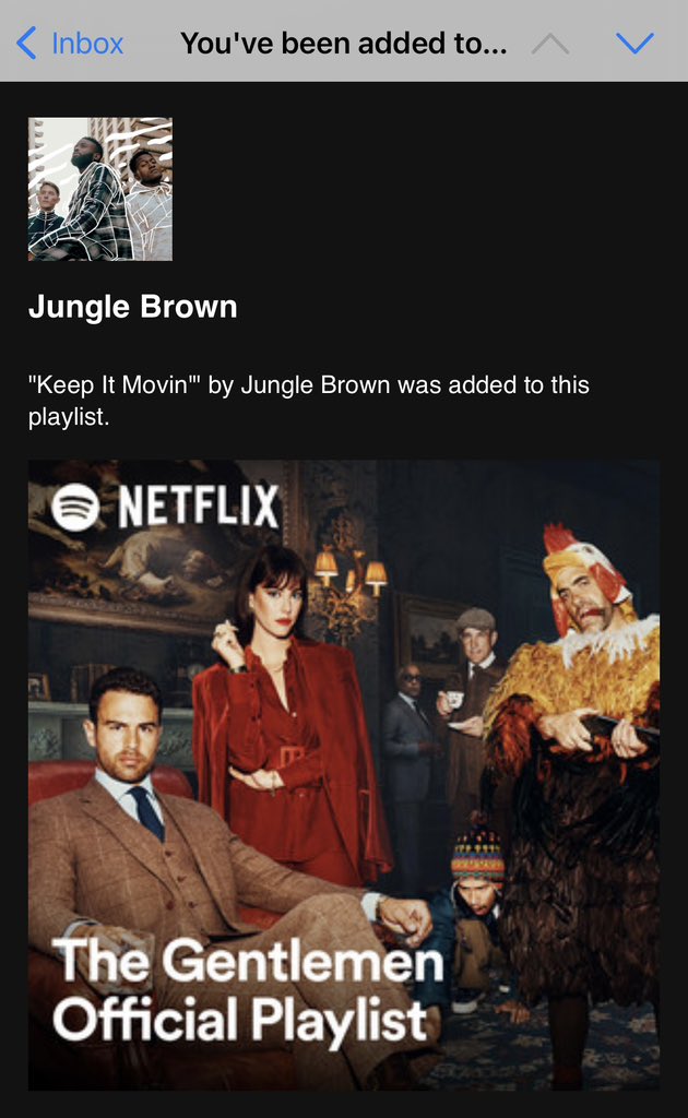 Well this was a nice surprise on our inbox, <a href="/spotifyartists/">Spotify for Artists</a> we are in an official <a href="/netflix/">Netflix</a> <a href="/TheGentlemen/">The Gentlemen</a> playlist. 💫

Shouts to <a href="/mrbongosync/">mrbongosync</a> 🙌🏾🙌🏾

Who wants new music from the boys? 👀