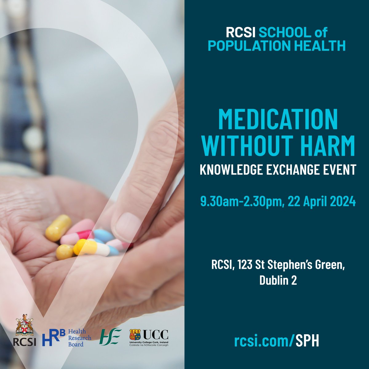 RCSI School of Population Health (@rcsi_pophealth) on Twitter photo A Medication Without Harm knowledge exchange event will take place in <a href="/RCSI_Irl/">RCSI</a> on 22 April, bringing together stakeholders to present/share current evidence & discuss perspectives on medication safety.
Register:
rcsi.com/dublin/news-an…
<a href="/hrbireland/">HealthResearchBoard</a> <a href="/UCC/">UCC Ireland</a> @NationalQPS A Medication Without Harm knowledge exchange event will take place in <a href="/RCSI_Irl/">RCSI</a> on 22 April, bringing together stakeholders to present/share current evidence & discuss perspectives on medication safety.
Register:
rcsi.com/dublin/news-an…
<a href="/hrbireland/">HealthResearchBoard</a> <a href="/UCC/">UCC Ireland</a> @NationalQPS