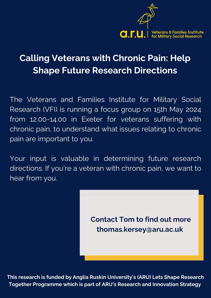 #Veterans with #chronicpain based in and around Exeter, Devon we are looking for participants to join an in-person focus group on the 15th May from 12.00-14.00 for more information please email, DM or comment on this post