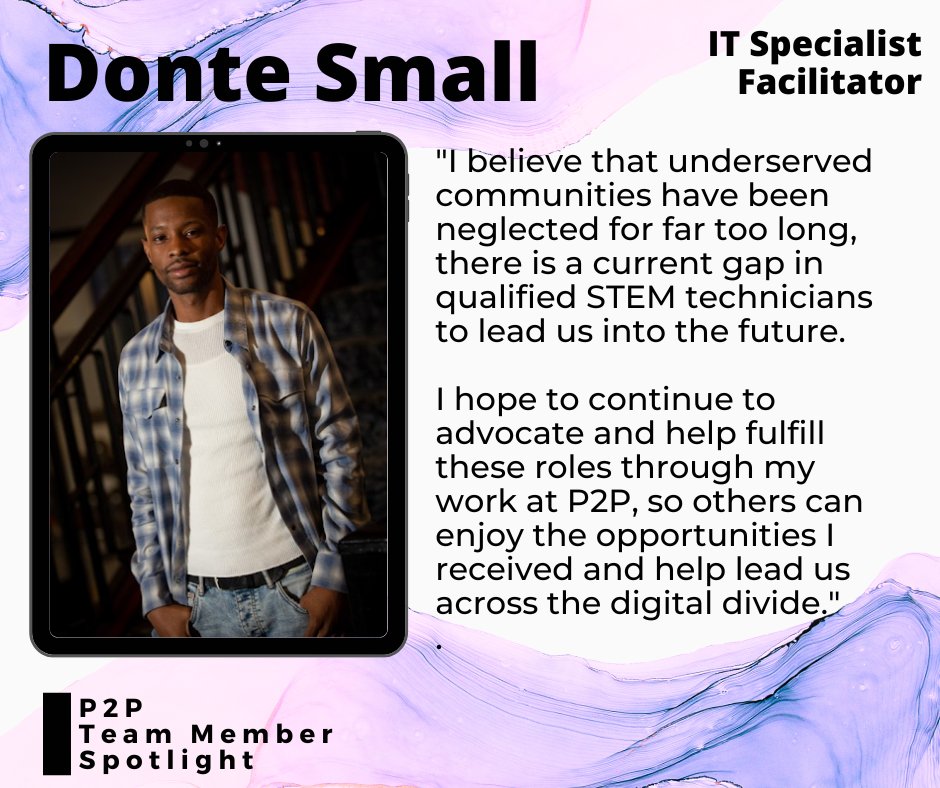 It's my pleasure to take a moment to present P2P's highlight of @prison2pro staff member, Donte Smalls.

If you're ready to learn from individuals like Donte, apply for our next cohort conta.cc/3SyUUK5.

#P2PStaffSpotlight #TechEmpowerment #LearnFromTheBest