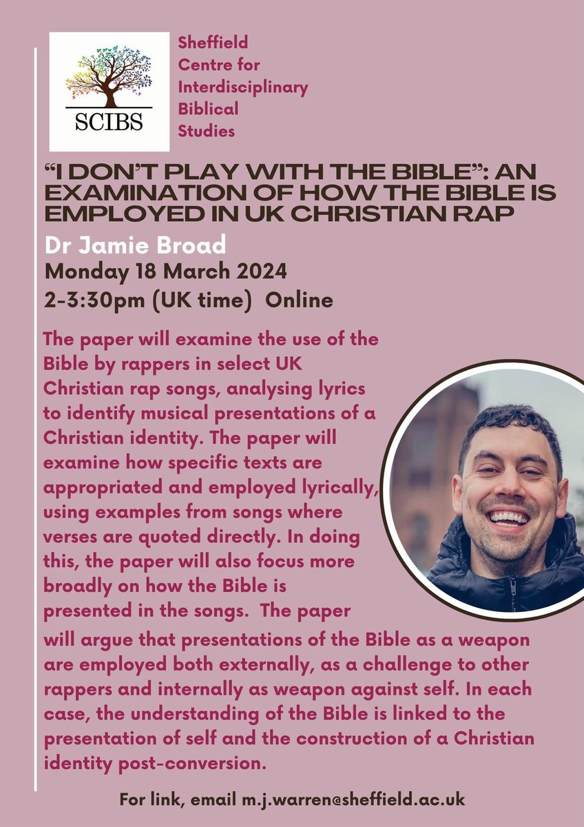 Coming up on Monday 18 March, 2pm: Jamie Broad: *“I don’t play with the Bible”: An Examination of How the Bible is Employed in UK Christian Rap* All welcome! Online as usual. Please email @DrMJCWarren for the link to join. Abstract and details: docs.google.com/document/d/1SW…