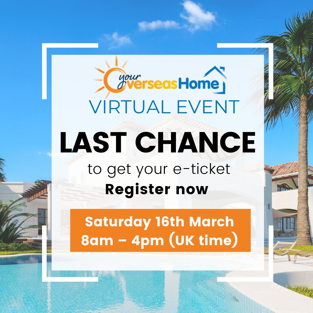 Time is running out to get your e-ticket for the <a href="/Your/">your 🌎☄️💕®</a> Overseas Home Virtual Event on Saturday 16th March 2024!

Get your e-ticket today: register.youroverseashome.com/virtual=yes&re…

We hope to see you there!