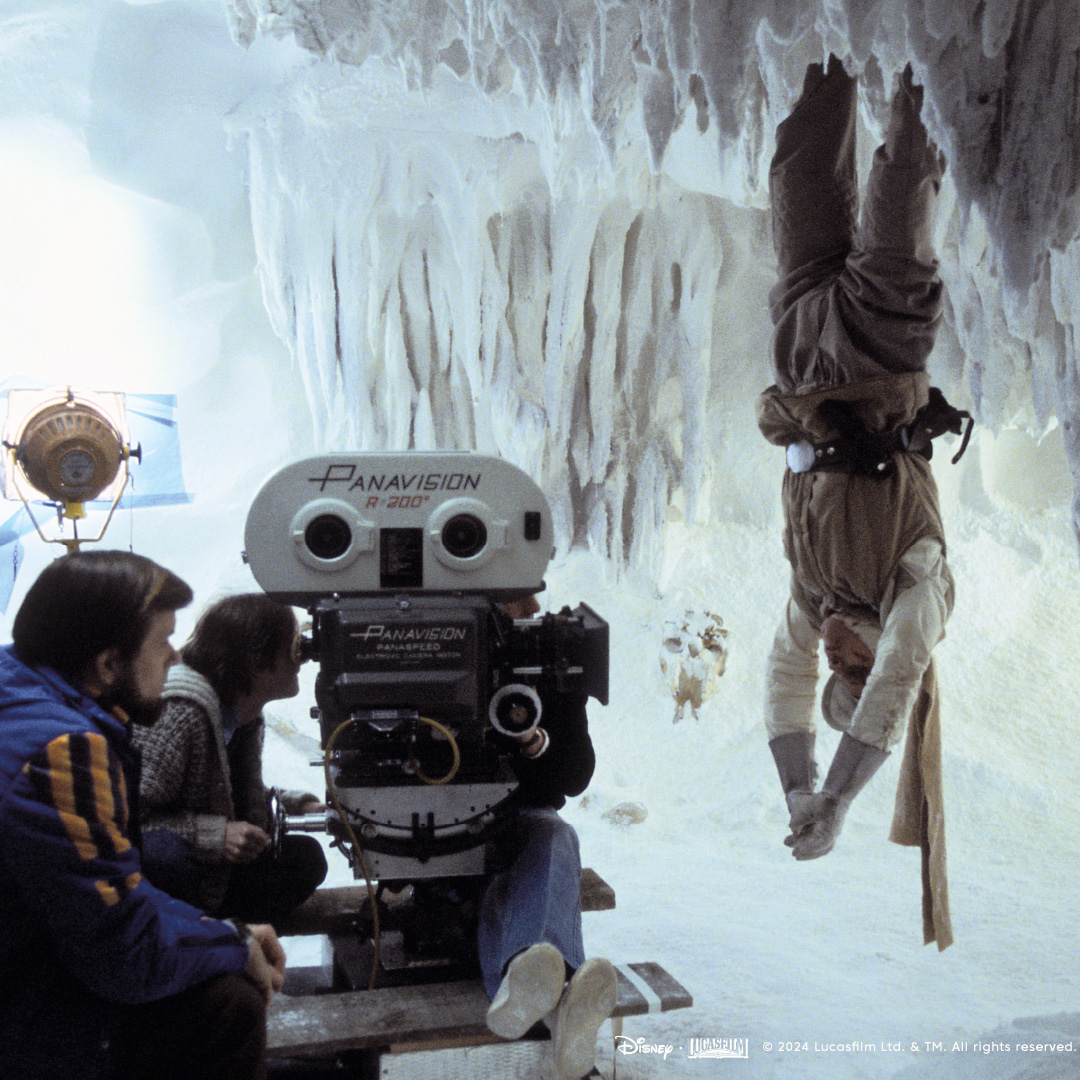#ThrowbackThursday Mark Hamill hangs upside on the set of Star Wars: The Empire Strikes Back (1980) as the film crew film the sequence in the wampa cave.