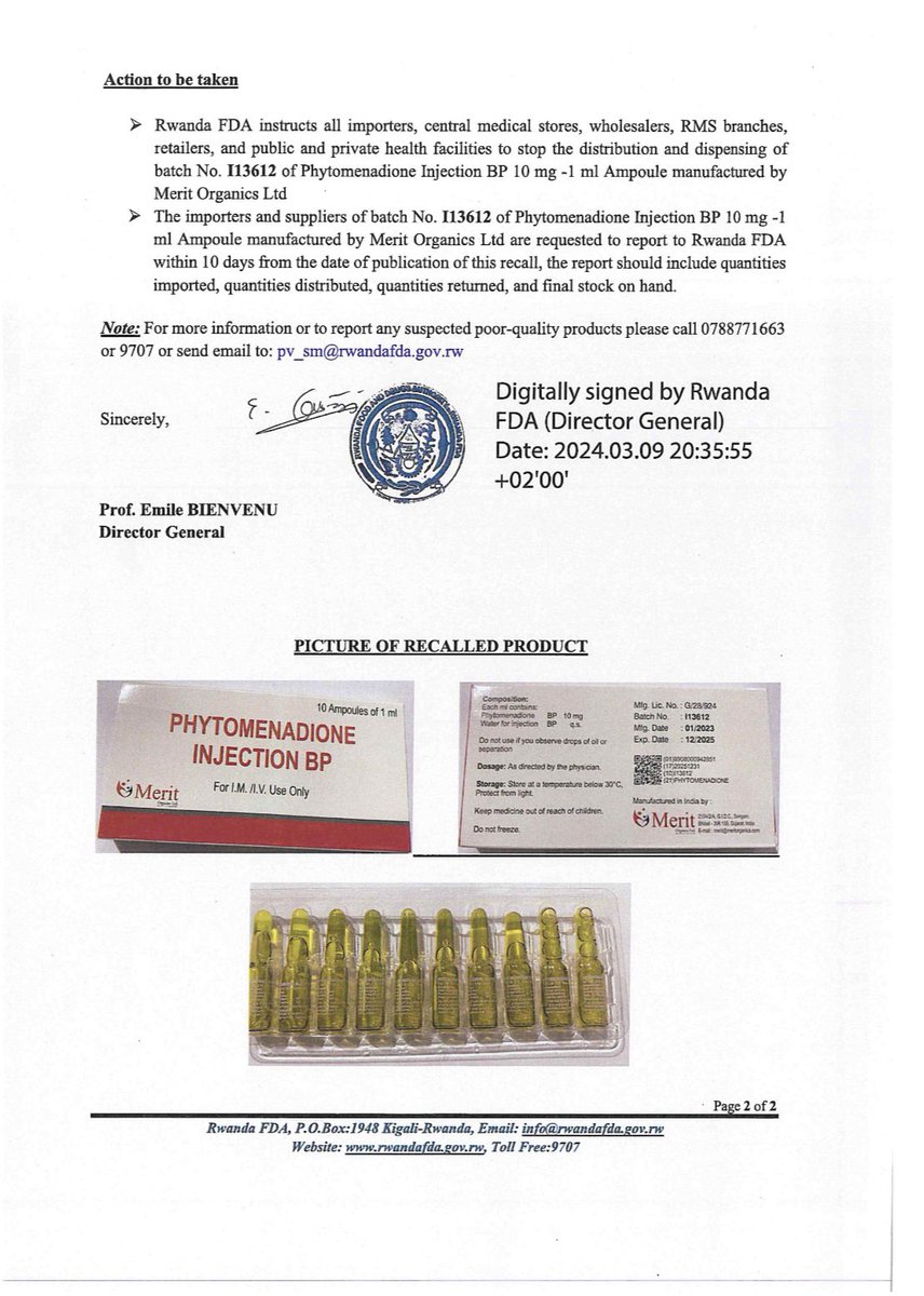 🚨Rwanda FDA iramenyesha abaturarwanda bose ko ihagaritse ikwirakwiza n’ikoreshwa rya nimero (batch No):I13612 y' umuti witwa Phytomenadione BP 10 mg -1 ml (10x 1 ml) uterwa mu rushinge. 🚨 Rwanda FDA recalls Batch No.I13612 of Phytomenadione Injection BP 10 mg -1 ml Ampoule.