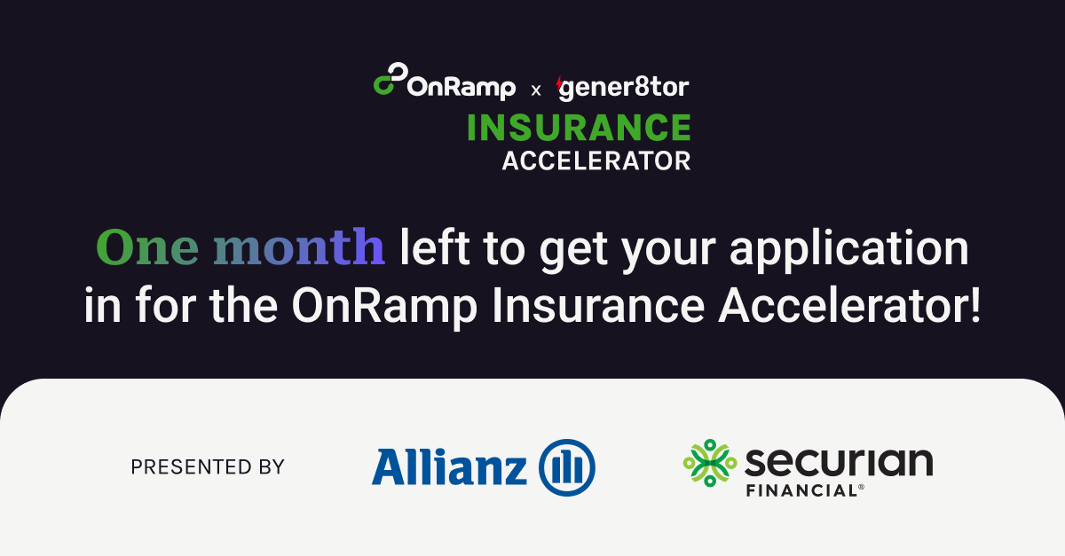 ONE MONTH left to apply to the OnRamp #Insurance Accelerator! 🚀

☎ Calling all: #fintech #insurtech #enterprisesaas #employeebenefits #startups 
💰 $100k #investment 
💥 Work closely w/<a href="/Securian/">Securian Financial</a>, <a href="/gener8tor/">gener8tor</a> &amp; <a href="/AllianzLife/">Allianz Life</a> 
💻 Hybrid format

Apply here: bit.ly/3wBmHnb