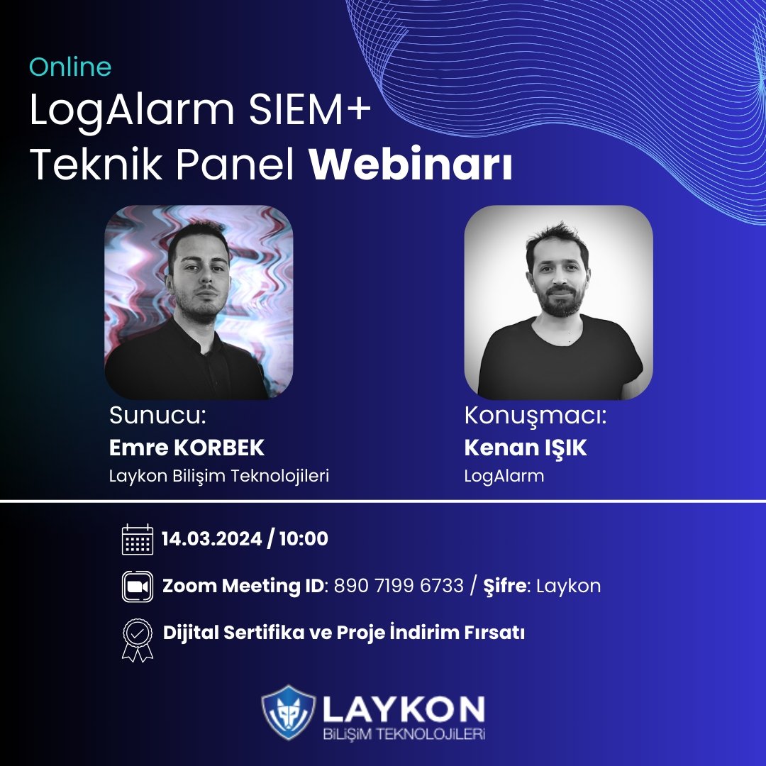 LogAlarm SIEM+ Teknik Panel Webinarımızda SIEM, KVKK, LogAlarm SIEM+ ve avantajları gibi konular ele alınacak. Katılımcılara dijital katılım sertifikası ve %10 indirim fırsatı sunulacak. Katılmak için: l24.im/pXDC #laykon #logalarm #log #SIEM #KVKK