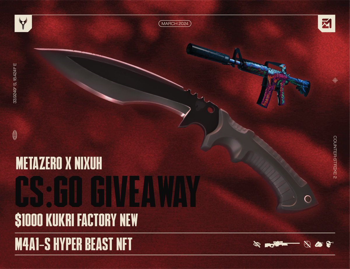 To celebrate our official partnership with $MZERO, we are giving away a $1000 Kukri Knife as well as an M4A1-S Hyperbeast NFT.

✅ Like this post
✅ Follow me, <a href="/metazerogg/">MetaZero</a> &amp; @nixuhgg

GLHF