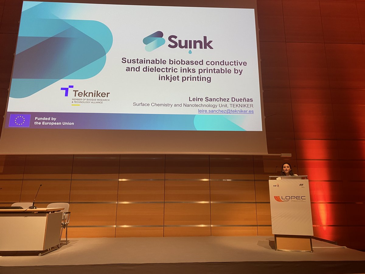 Last week, SUINK participated to @LOPECMunich, the leading #PrintedElectronics by @OEAonline. Leire Sanchez-Duenas of @TeknikerOficial presented SUINK and its progress on the development of sustainable biobased #conductive and #dielectric inks printable by #inkjet printing.