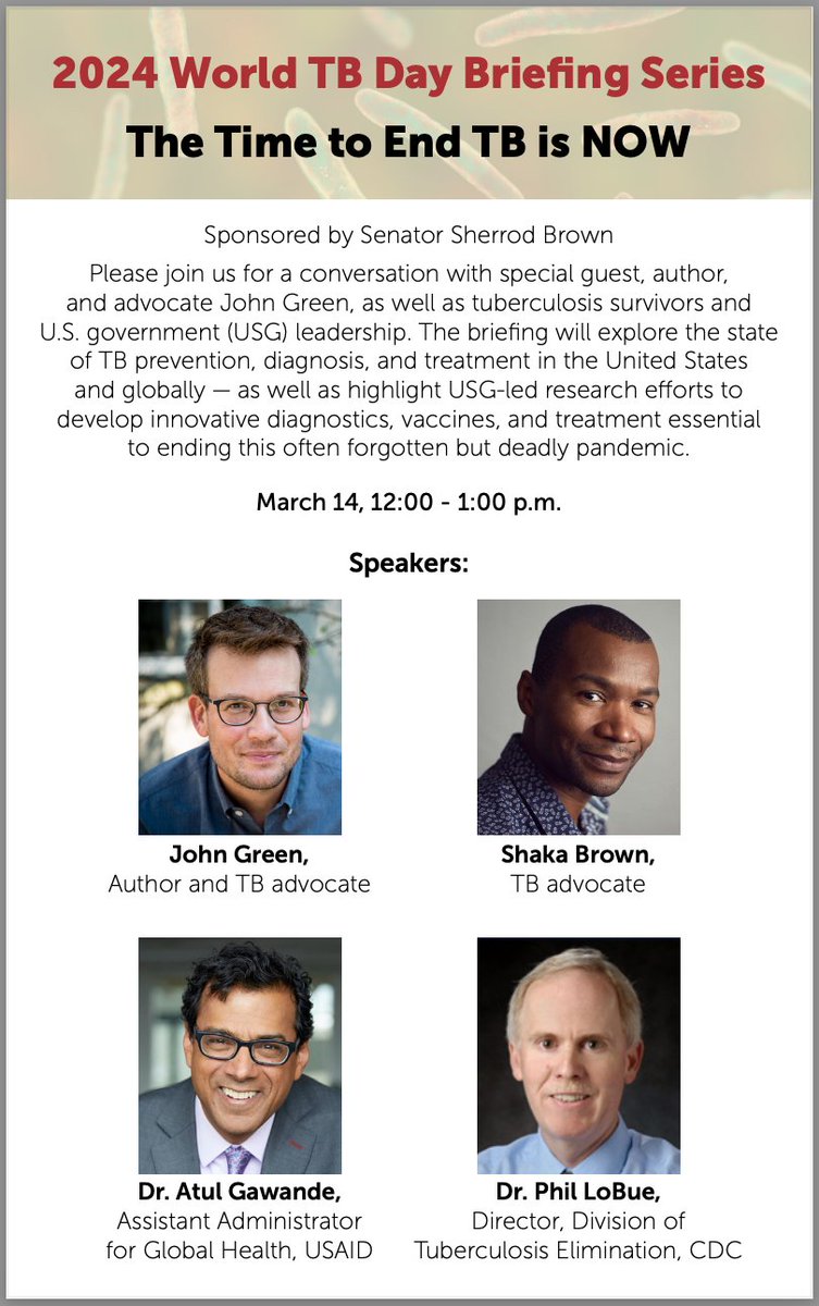 Looking forward to this event on Thursday, March 14th with @sportswithjohn @GawandeUSAID @shakabrown @CDC_TB ! CC: @NftwtAgainstTB @We_Are_TB @AAPCHOtweets @tbcontrollers