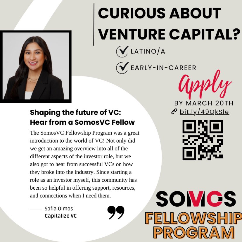 SomosVC (fka LatinxVC) (@somosvc_) on Twitter photo Want to break into VC?
Apply for the SomosVC Fellowship!
Fellow alum Sofia Olmos, now at <a href="/CapitalizeVC/">Capitalize VC</a>, says the internship was invaluable in shaping her experience breaking in and now as an investor herself.
Apply by 3/20 🚀
airtable.com/appuSalUK4KGpF… Want to break into VC?
Apply for the SomosVC Fellowship!
Fellow alum Sofia Olmos, now at <a href="/CapitalizeVC/">Capitalize VC</a>, says the internship was invaluable in shaping her experience breaking in and now as an investor herself.
Apply by 3/20 🚀
airtable.com/appuSalUK4KGpF…