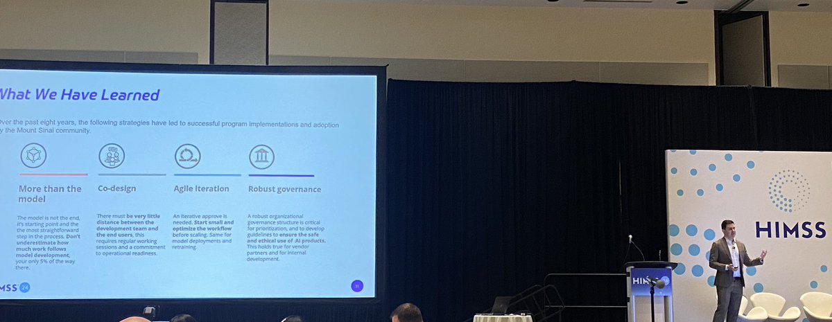Practical tips from <a href="/RFreeman_RN/">Robbie Freeman, RN</a> on using AI in nursing practice, the model is the smallest part - design, implementation, workflow fit, and governance are key. Important to have frontline nurses on governance teams (love this one!) <a href="/HIMSS/">HIMSS</a> #HIMSS2024