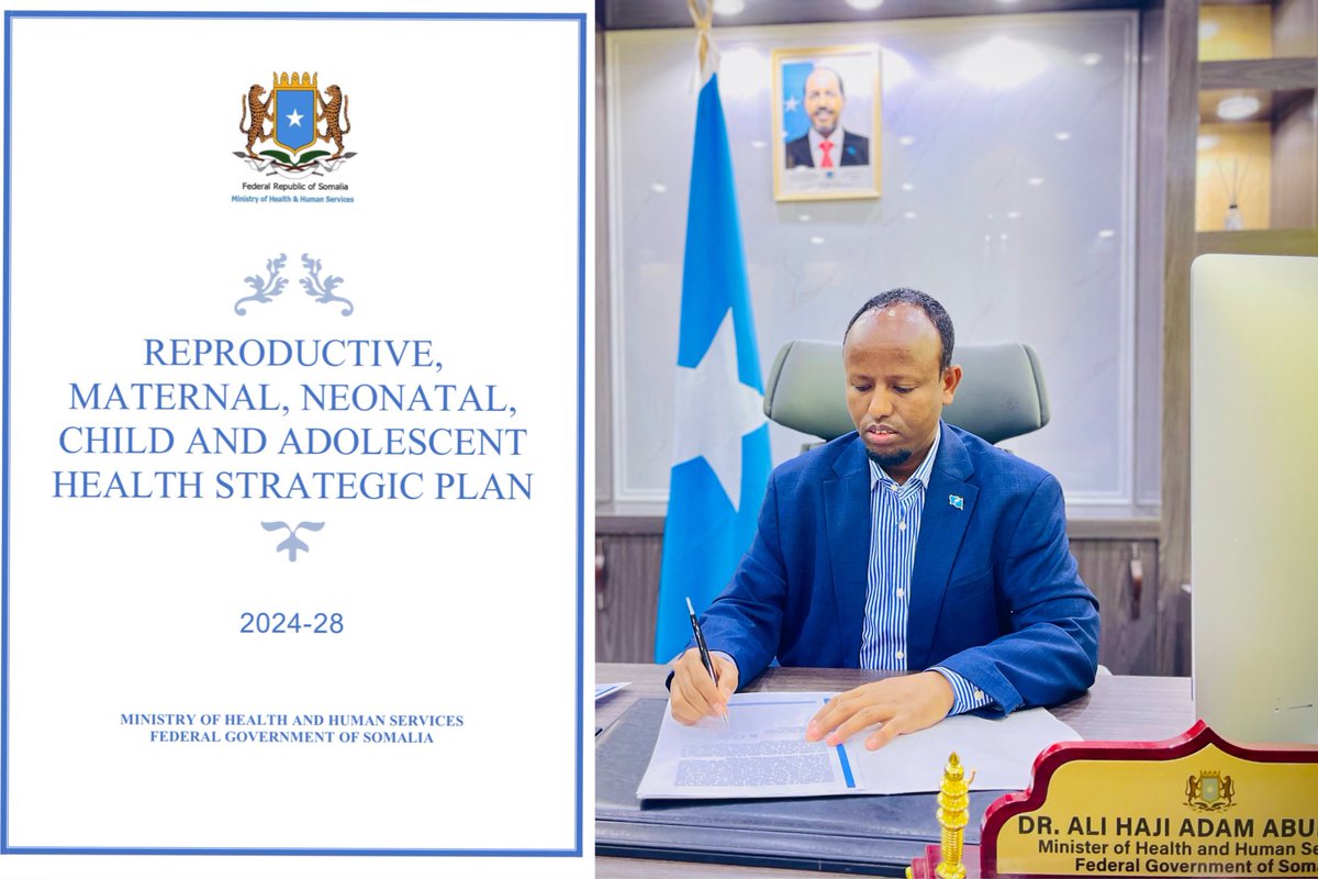 Somali Health Minister @DrAliHajiadam has just signed the Reproductive, Maternal, Neonatal, Child, and Adolescent Health Strategic Plan. This is a significant step towards improving the well-being and healthcare of women, children, and adolescents in Somalia.