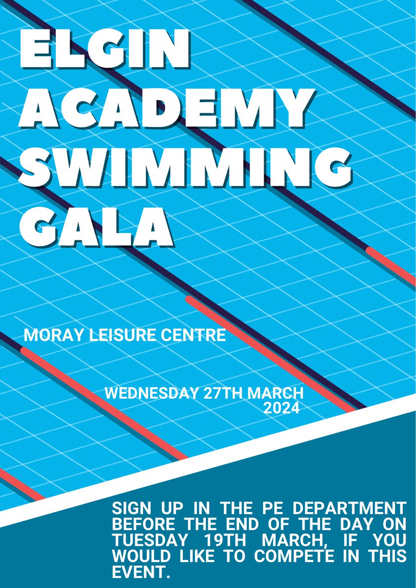 Sign up is now open for our Elgin Academy Swimming Gala on Wednesday 27th March 🏊🏻‍♂️🏊🏻‍♀️
This is an opportunity to compete against other EA pupils🥇
Open to all S1-6 pupils, if you can swim two lengths of the pool you are welcome to sign up 👍🏻
Pop down to PE to sign up ✍🏻
#TeamEA