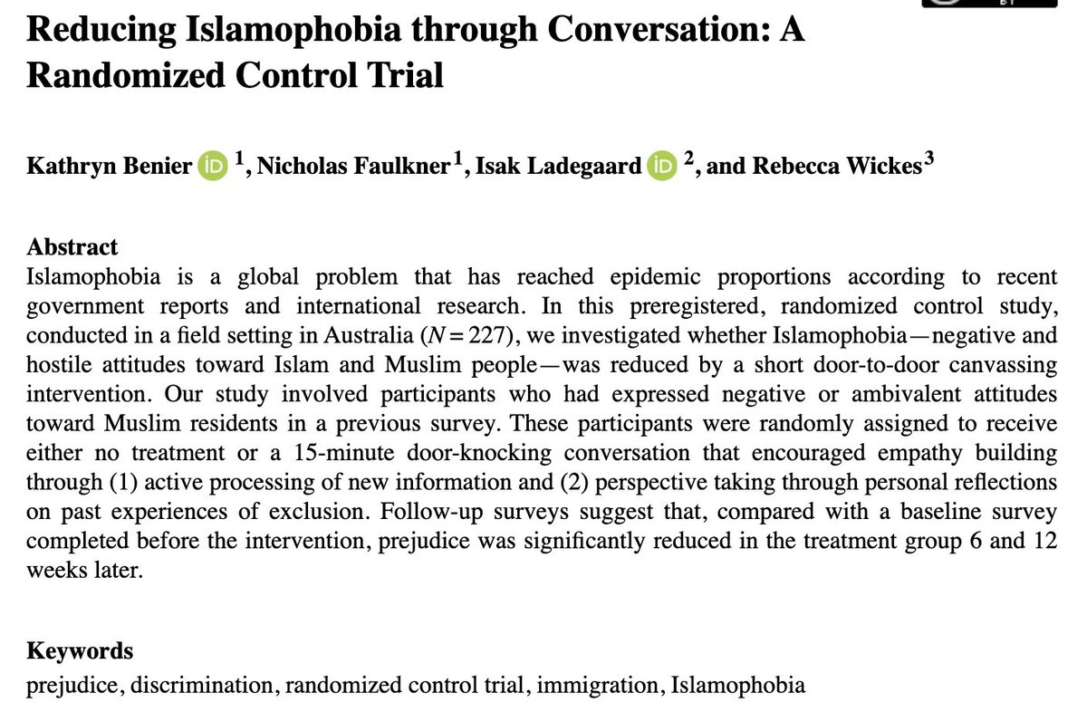 Check out our new OnlineFirst article! “Reducing Islamophobia through Conversation: A Randomized Control Trial” in #SPQ! @ASASocPsych @SREJournal @KathrynBenier @nickjfaulkner @isak_ladegaard @rlwickes journals.sagepub.com/doi/full/10.11…