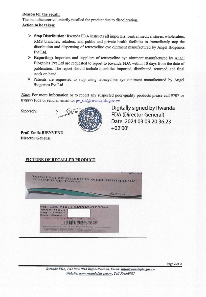 🚨🚨 Guhagarika gukwirakwiza, gukoresha no kwinjiza mu gihugu umuti witwa Tetracyclin eye ointment ukorwa n'uruganda rwitwa Angel Biogenic Private Ltd rwo mu Buhinde. 🚨🚨Rwanda FDA recalls all batches of tetracycline eye ointment manufactured by Angel Biogenics Pt Ltd, India.