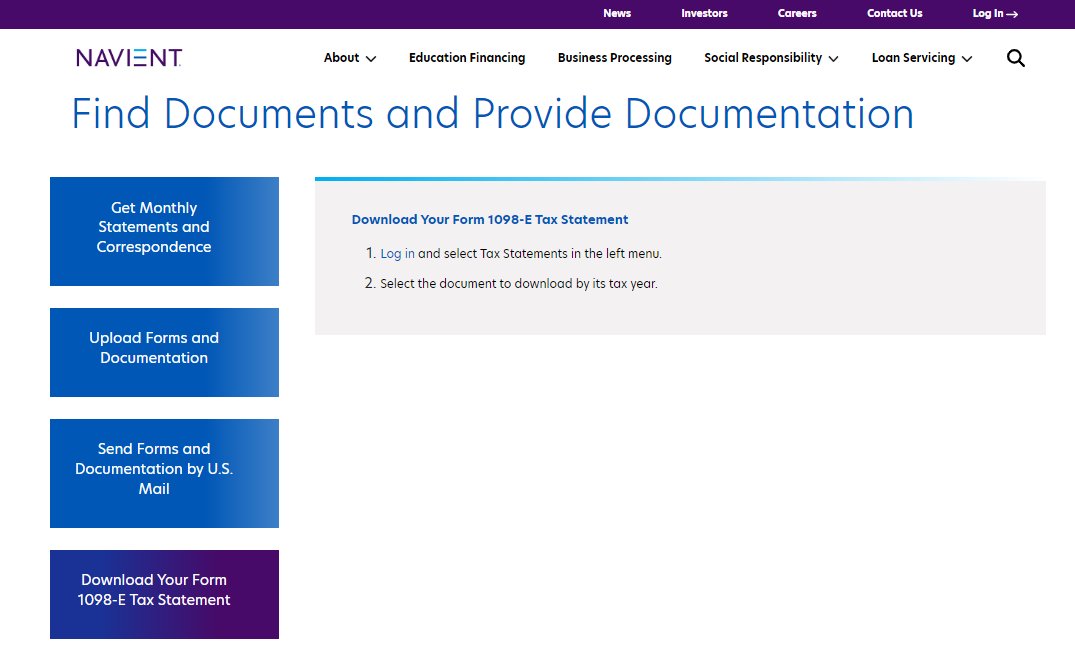 Looking for your 1098-E form this tax season? Log in to your account on Navient.com and select "Tax Statements" in the left menu. 

Visit our convenient online help center for more FAQs: navient.com/loan-servicing…