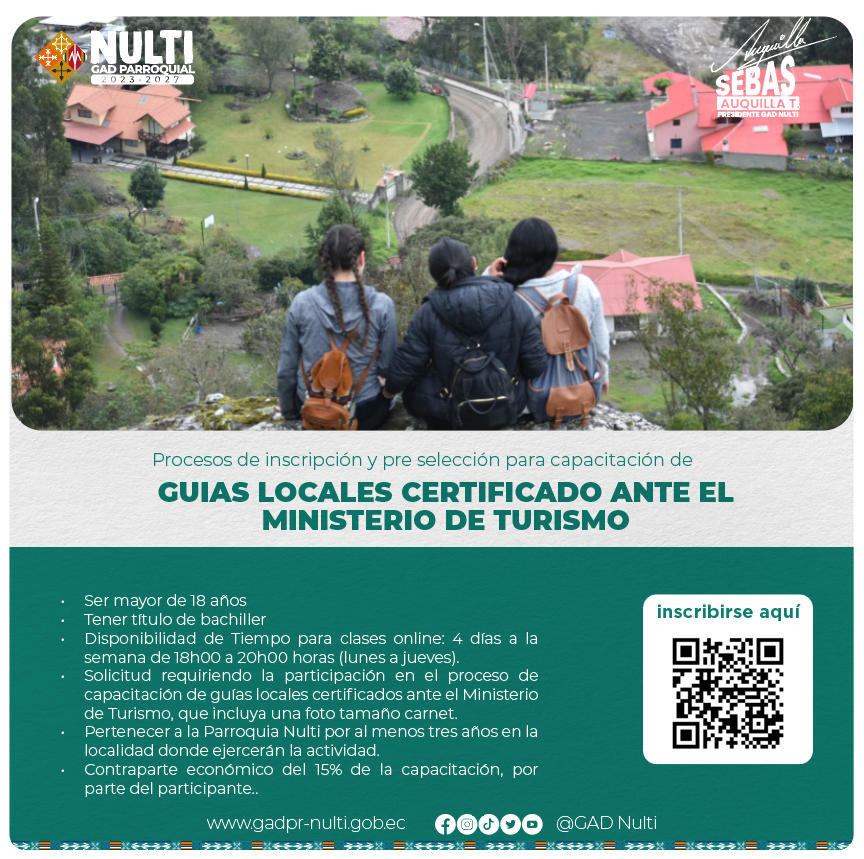 📣Te invitamos al proceso de inscripción y preselección para la capacitación de guías locales certificados ante el Ministerio de Turismo. 🎓✨
Incríbete aquí: forms.gle/ZsvftEhXVon2rp…
 #Capacitación #GuíasLocales #Turismo #SebasAuquilla
<a href="/SebasAuquillaT1/">Sebastián Auquilla Tenesca</a> Presidente de Nulti