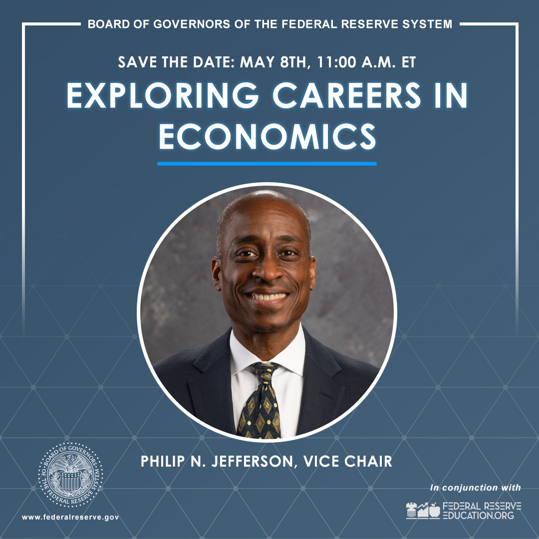 Save the date: Exploring Careers in #Economics May 8, 2024, at 11:00 A.M. ET

The Federal Reserve welcomes students via webcast to discuss career opportunities and diversity in economics. #FedEconJobs #EconTwitter 

Learn more: federalreserve.gov/conferences/ex…