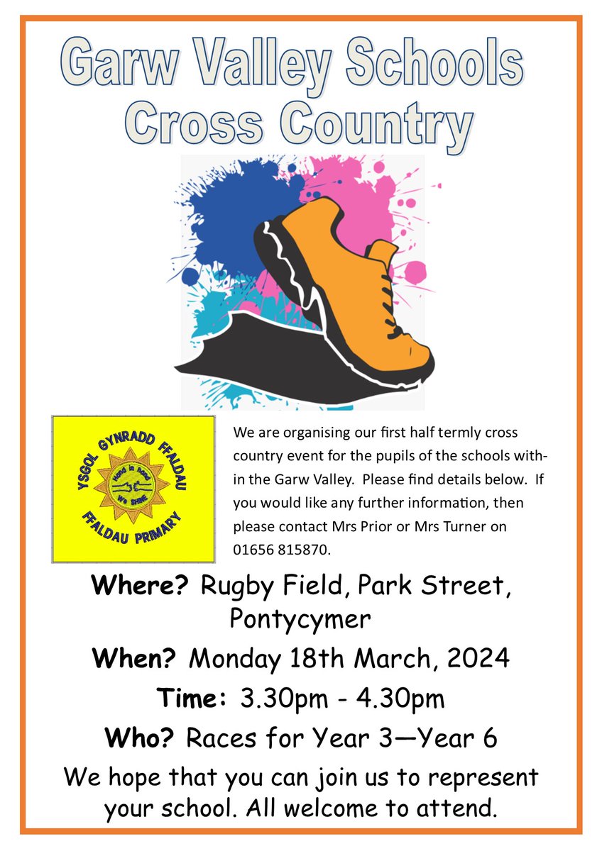 Ffaldau Primary (@ffaldauprimary) on Twitter photo We will be hosting our first Garw Valley cross country event between 3.30pm and 4.30pm at the rugby field in Park Street, Pontycymer on 18th March. For any child in Years 3 - 6 who would like to take part in a cross country race.  We hope that you can join us. <a href="/BlaengarwP/">Blaengarw Primary</a> We will be hosting our first Garw Valley cross country event between 3.30pm and 4.30pm at the rugby field in Park Street, Pontycymer on 18th March. For any child in Years 3 - 6 who would like to take part in a cross country race.  We hope that you can join us. <a href="/BlaengarwP/">Blaengarw Primary</a>