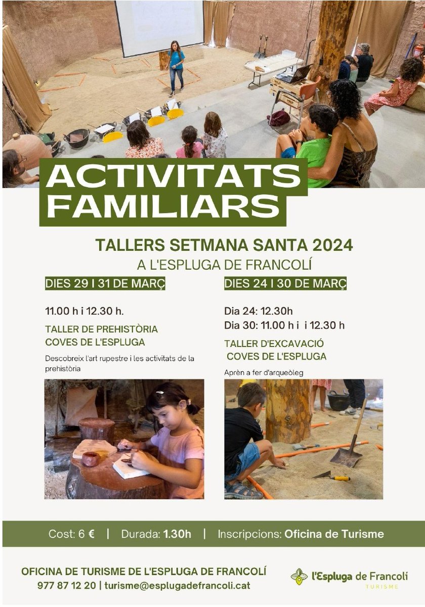 👨‍👩‍👦‍👦 😍 Busqueu activitats per fer en família, aquesta #SetmanaSanta? A l’Espluga de Francolí us proposen un parell de tallers familiars a les <a href="/covesespluga/">Coves de l'Espluga</a>. Què, us hi apunteu?

#CostaDaurada <a href="/EsplugaTurisme/">Espluga Turisme</a>
