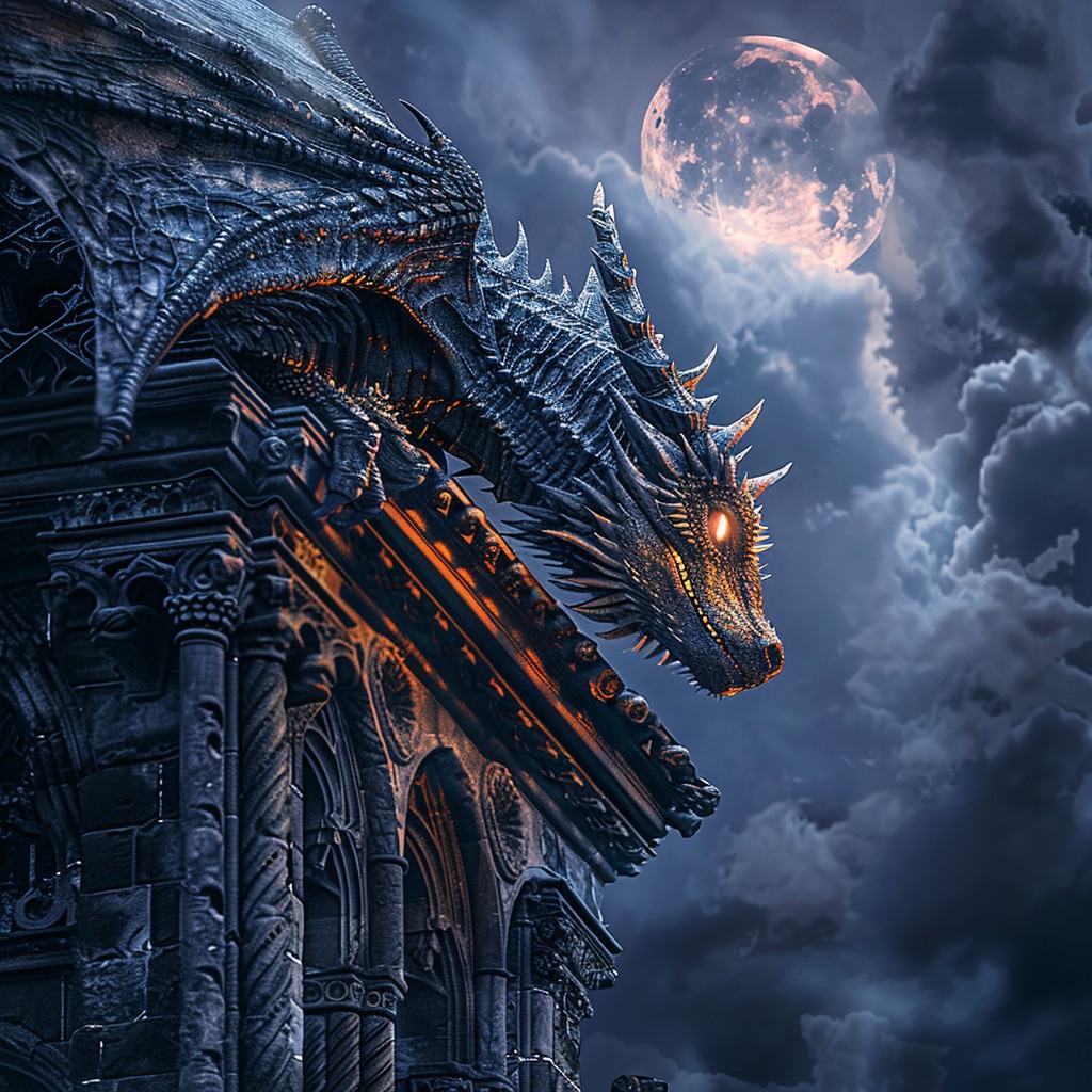 Under a mystic moon, a fierce dragon with gem-like eyes perches atop gothic ruins, its scales shimmering in the night as it keeps watch over the ancient secrets entombed within.