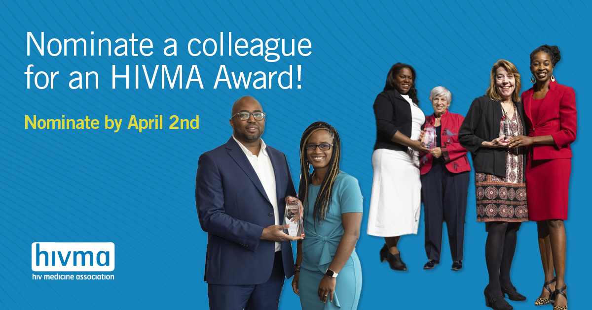 Recognize a colleague for their innovative work & leadership in advancing #HIV prevention, care, research & contributions to health equity & social justice by nominating them for an HIVMA Award & celebrate w/them @IDWeekmtg! Nominate by April 2: bit.ly/43epuz5 @IDSAInfo