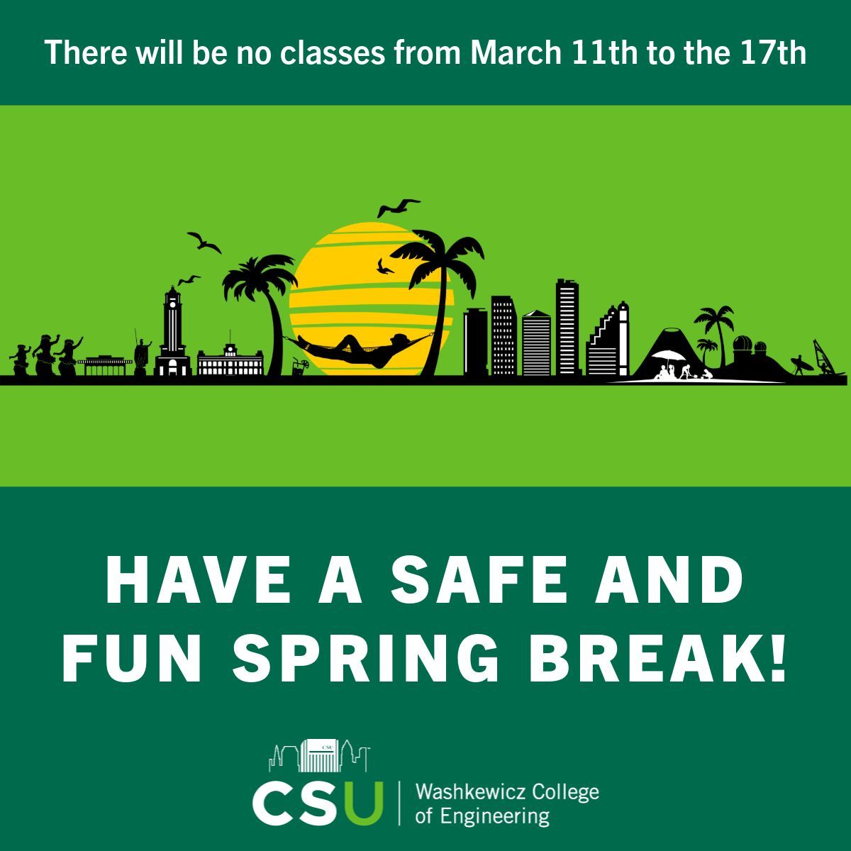 There will be no classes from March 11th to March 17th. Enjoy your spring break!