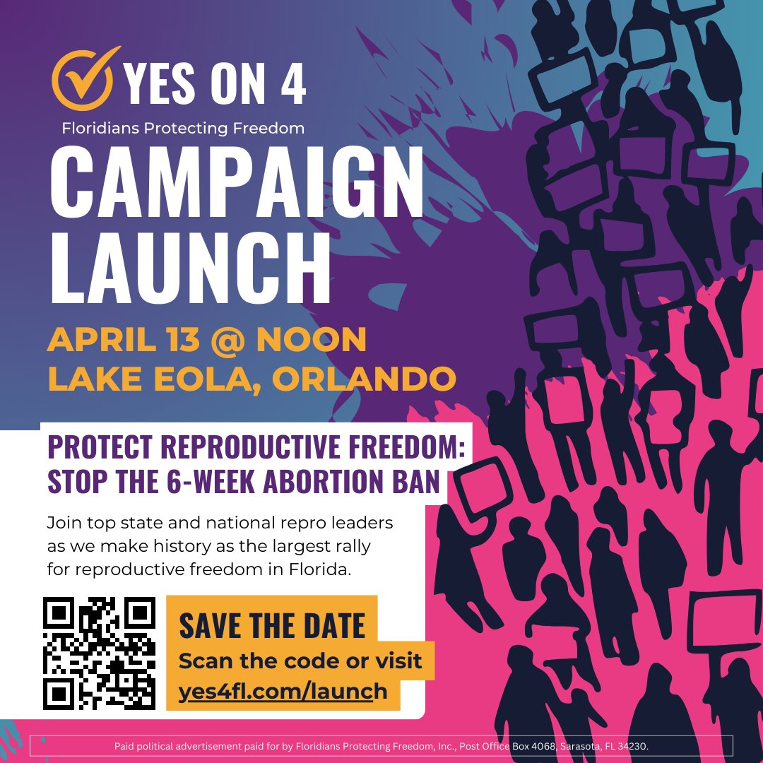 Floridians are uniting to send a clear message: STOP Florida’s 6-week abortion ban ❌ #BansOffOurBodies Join the @yes4florida campaign on April 13th in #Orlando 💜 Share with a friend + sign up here: yes4fl.com/launch #OrangeCounty #Florida #AbortionOnTheBallot