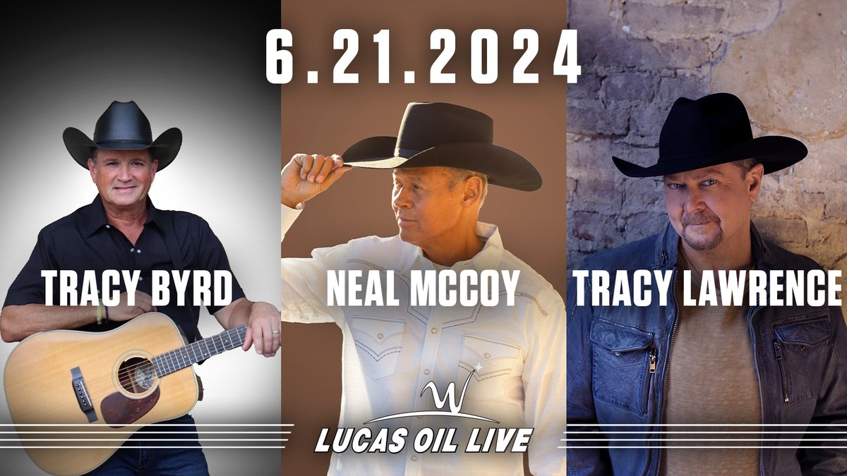 JUST ANNOUNCED: Catch three shows in one night at #LucasOilLive! See @tracy_lawrence, @NealMcCoy, and @TracyByrdMusic on June 21 - tickets go on sale this Friday! Learn more: bit.ly/49JK7Wc