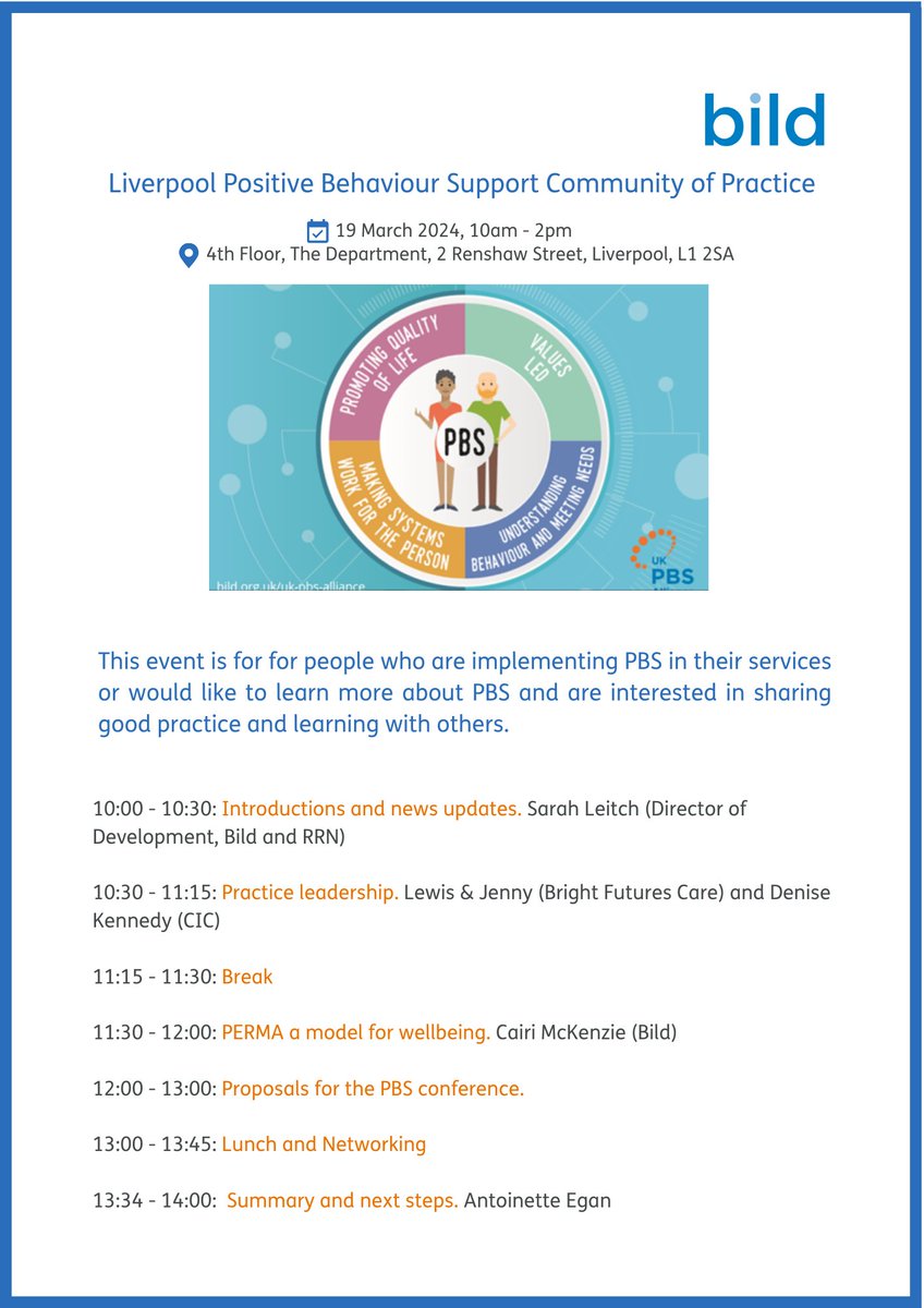 🗣 Calling all #PBS Practitioners in the Liverpool and Cheshire area!

Just one week until the Liverpool PBS Community of Practice FREE event focused on #PracticeLeadership

Taking place 19 March at The Department in Liverpool 

Contact r.howe@bild.org.uk to book your place