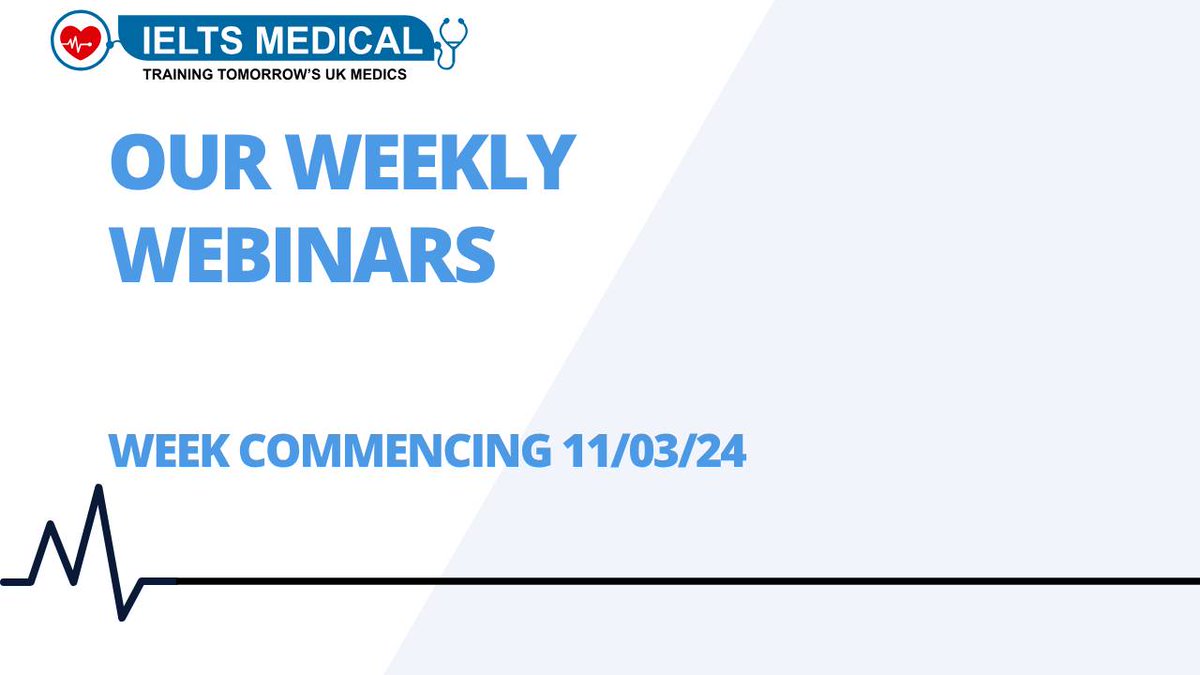 Here are the free weekly webinars for our courses this week (11/03) 
All webinars begin at 1:30pm

Tuesday
OET
Link: us06web.zoom.us/webinar/regist…

Friday
IELTS 
Link: us06web.zoom.us/webinar/regist…

Wednesday
CBT 
Link: us06web.zoom.us/webinar/regist… 

Thursday
OSCE 
Link: us06web.zoom.us/webinar/regist…