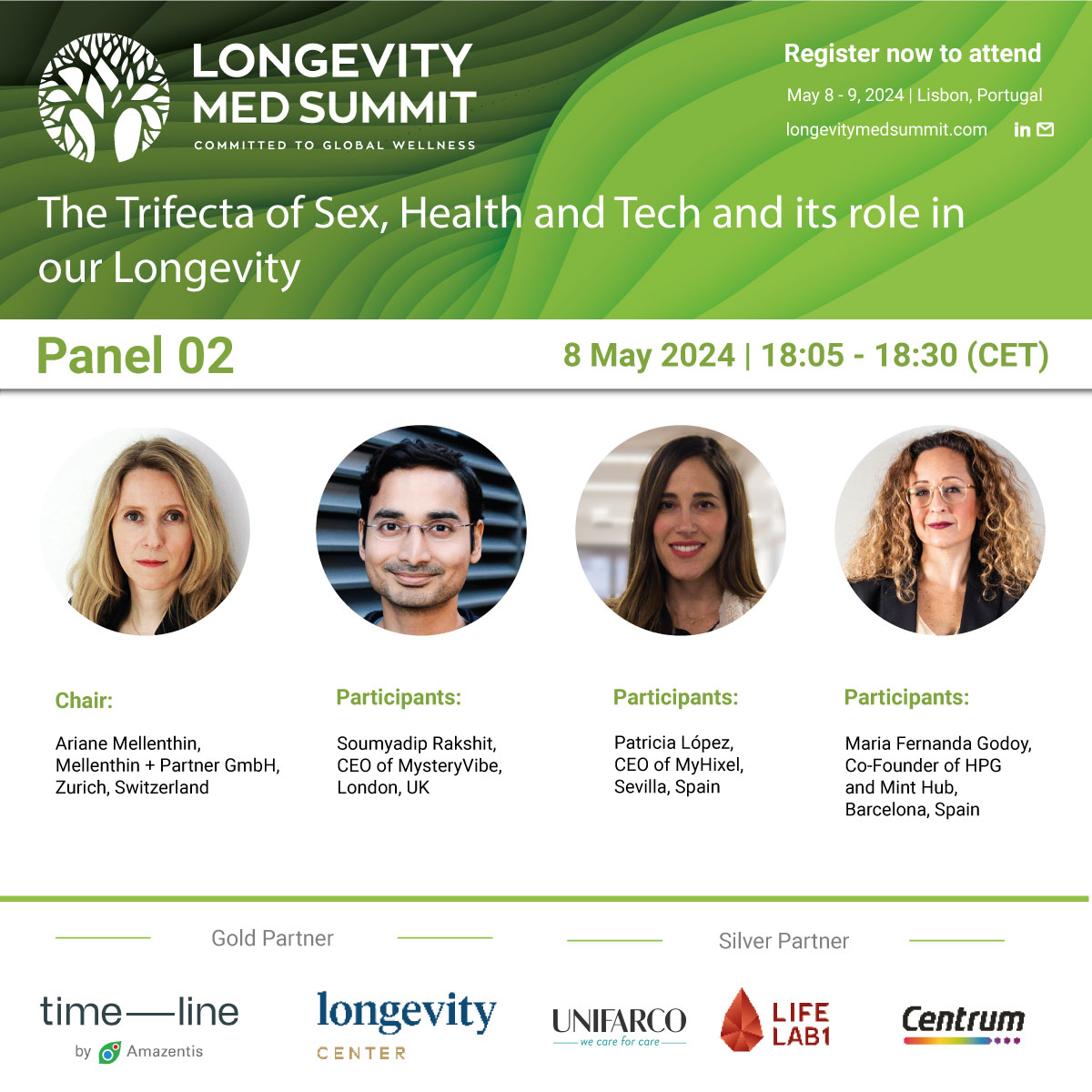 Our CEO, Patricia López Trabajo, will be speaking at the 2024 #LongevityMedSummit in Lisbon! Join us May 8th-9th for insights on 'The Trifecta of Sex, Health, and Tech' impacting longevity.