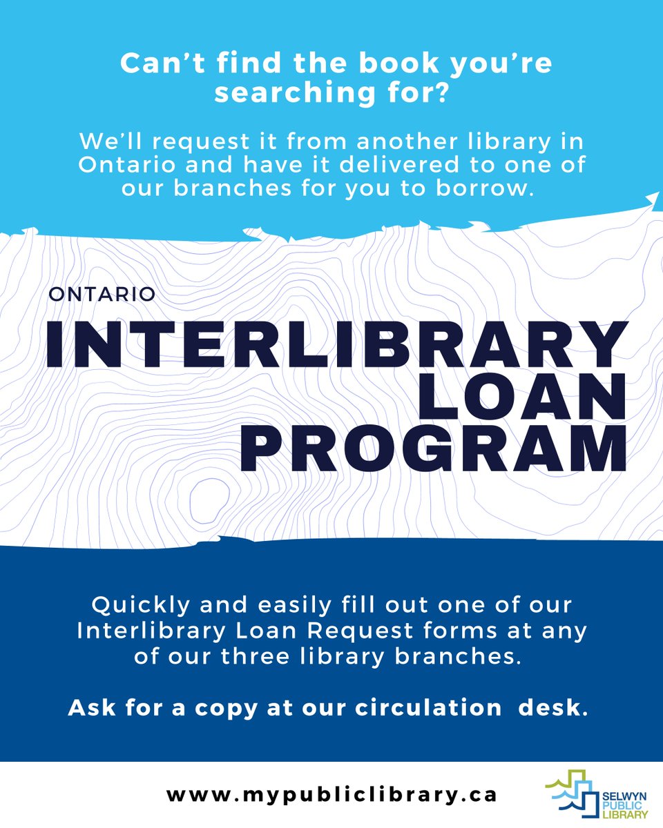 Interlibrary loan is a free service that enables our patrons to borrow physical materials and receive electronic documents that are held by other libraries across Ontario! Ask for an interlibrary loan request form at one of our three library branches.