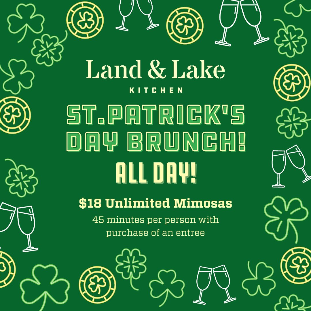 📣📣CALLING ALL BRUNCH LOVERS!!!📣📣 

Land & Lake Kitchen will be hosting ALL DAY BRUNCH on St. Patrick’s Day this Saturday, March 16!  🍻☘️🥂💚🇮🇪

#landandlakechi #chicagoloop #stpatricksday #stpaddysday #luckoftheirish #chirish #🍀 #chicago #chicagofoodie