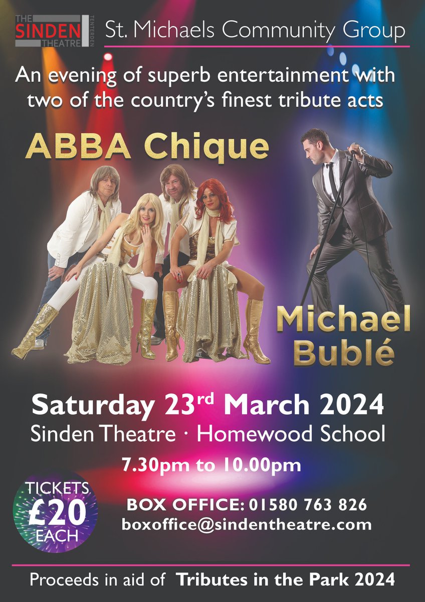 The Sinden Theatre (@sindentheatre) on Twitter photo 🗓️Saturday 23rd March 2024 ⏰7:30PM
🎫Tickets £20
Join ABBA Chique and ‘Michael Buble’ for an evening of superb entertainment with two of the country's finest tribute acts! In aid of Tributes in the Park hosted by St Michaels Community Group.
#TheSindenTheatre #tributes 🗓️Saturday 23rd March 2024 ⏰7:30PM
🎫Tickets £20
Join ABBA Chique and ‘Michael Buble’ for an evening of superb entertainment with two of the country's finest tribute acts! In aid of Tributes in the Park hosted by St Michaels Community Group.
#TheSindenTheatre #tributes