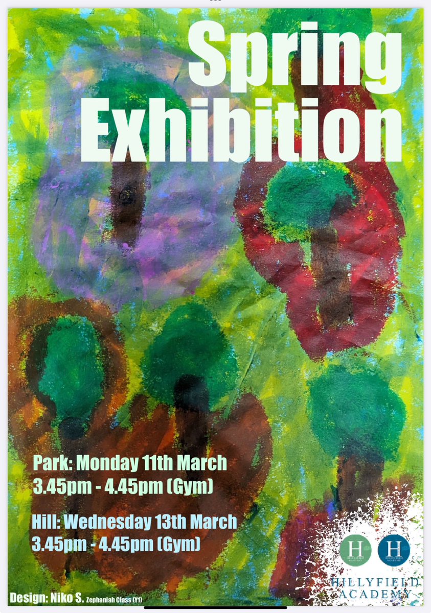 You are all invited to our #artsexhibition today at the Park site where we will be celebrating music, art and dance with our school community.  #hillyfieldcrestive