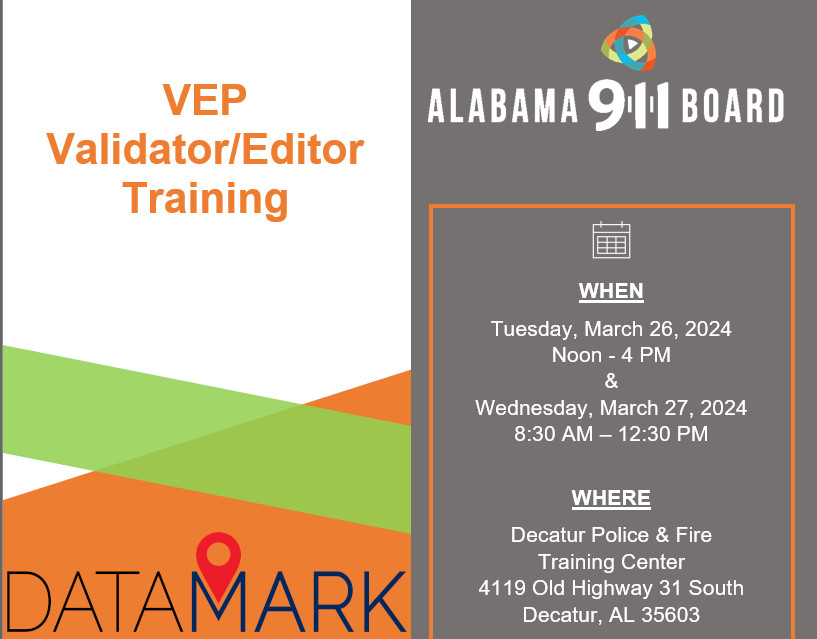 Do you need a basic refresh course for the VEP Validator and Editor workflows? There is one in Decatur at the end of the month. More information is on our website. al911board.com/sites/default/… -Michelle, Program Coordinator