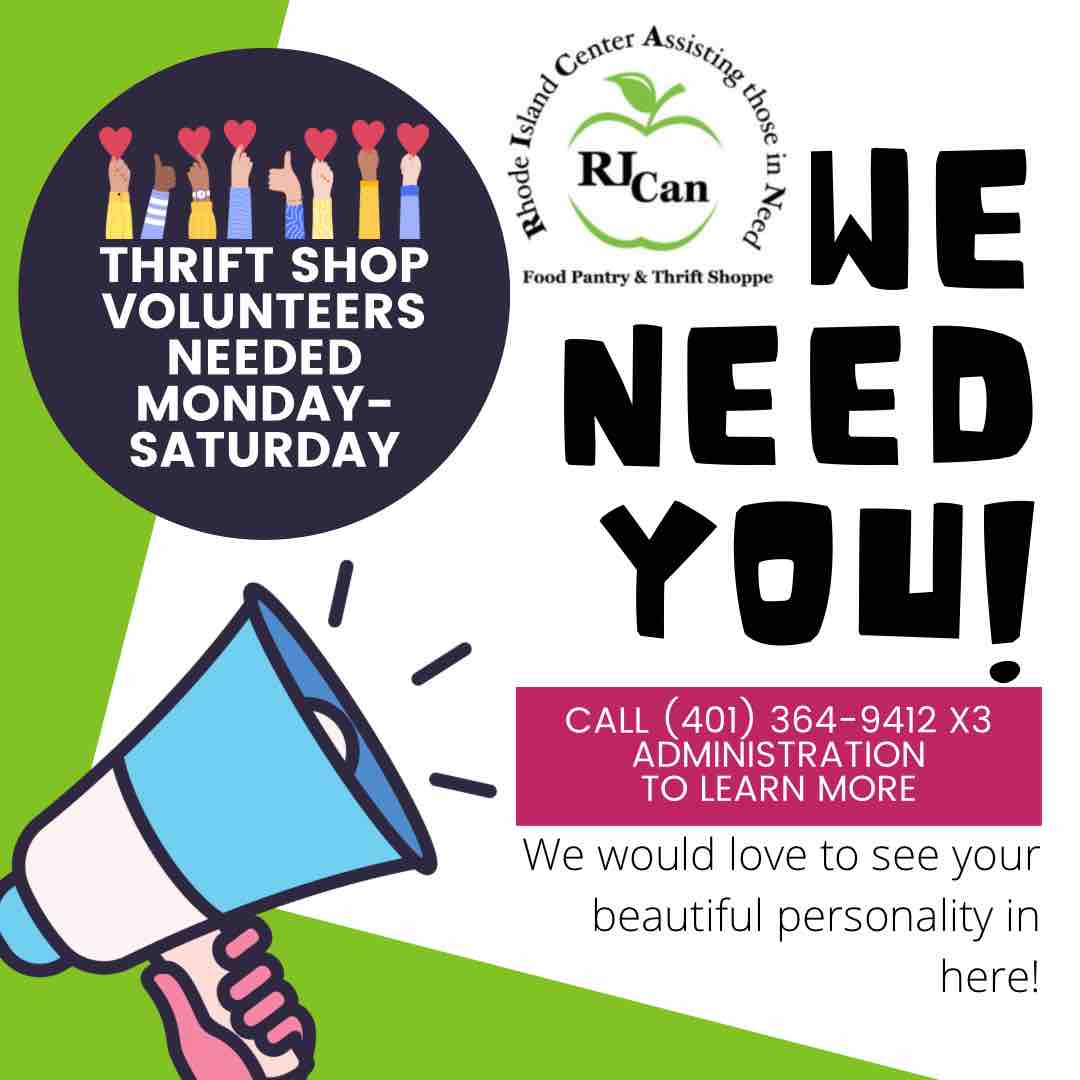 Passionate about community service? Join RICAN Thrift Shop as a volunteer! Make a positive impact, gain valuable experience, and help support your community. Flexible schedules are available. Call (401) 364-9412 x3 to learn more. THANK YOU! 🌟
