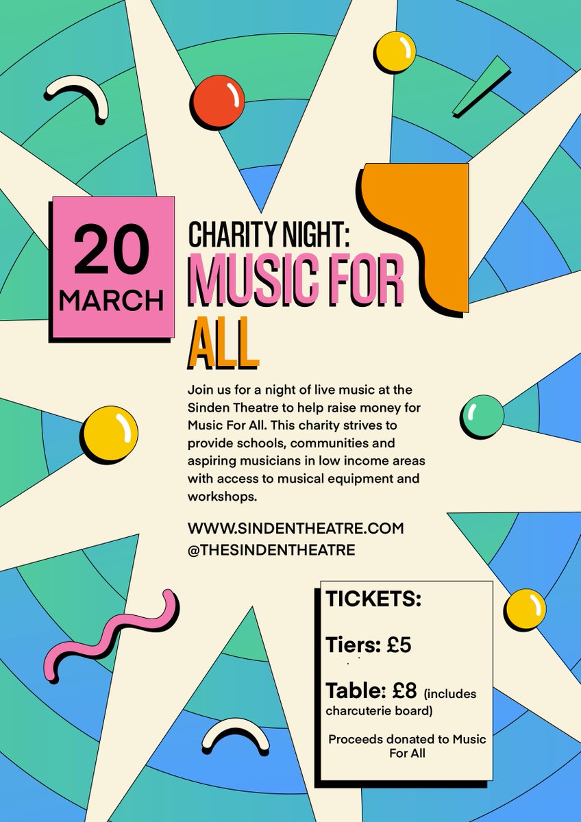 The Sinden Theatre (@sindentheatre) on Twitter photo 📅Wednesday 20th March 2024  ⌚7PM
🎟Entry £5 // Table seat & food £8
Join us for a night of live music to help raise money for the charity Music For All. This charity strives to provide schools, communities and aspiring musicians in low income areas with access to music. 📅Wednesday 20th March 2024  ⌚7PM
🎟Entry £5 // Table seat & food £8
Join us for a night of live music to help raise money for the charity Music For All. This charity strives to provide schools, communities and aspiring musicians in low income areas with access to music.
