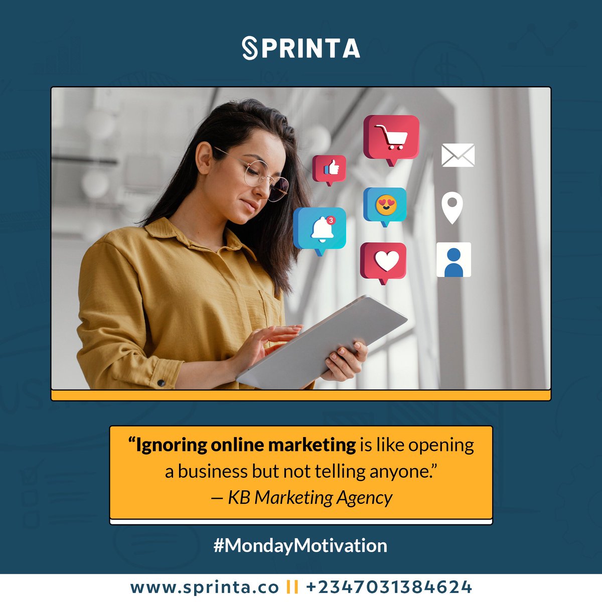 Spread the word about your business. Invest in marketing 🤝

#sprintahq #onlinemarketing #onlinemarketingstrategies #onlinemarketingtips #digitalmarketing #digitalmarketingtips #digitalmarketingservices #mondaymotivation