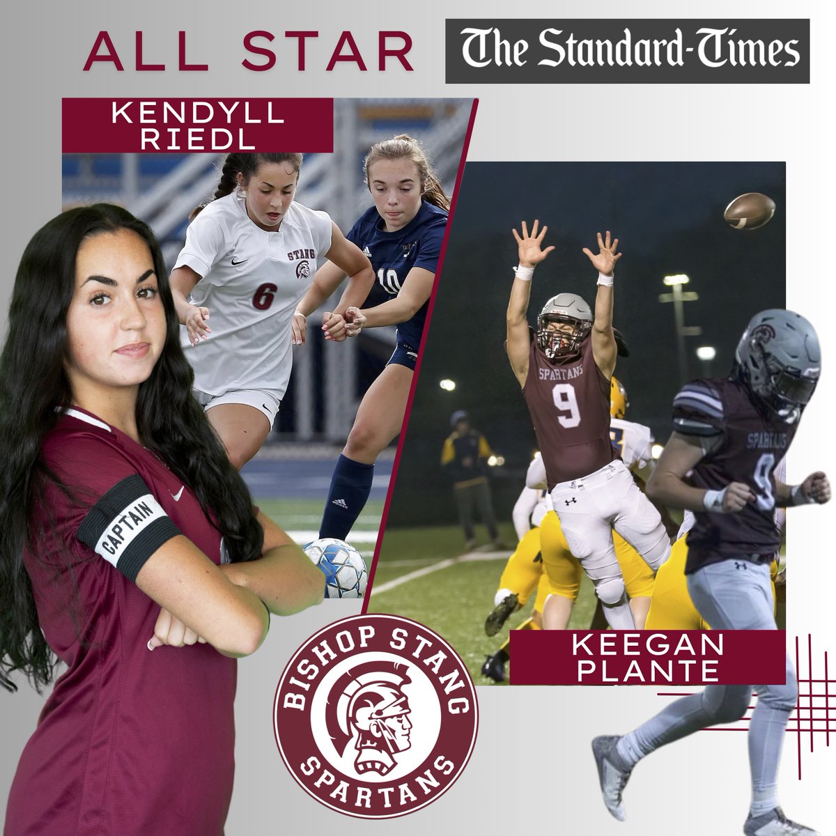 Shout out to Sr. Kendyll Riedl and Jr. Keegan Plante on being named Standard Times All Stars in Girls Soccer and in Football! 'Kendyll excelled as a midfielder/forward...' 'Plante was named a Catholic Central League All-Star...' Congratulations!