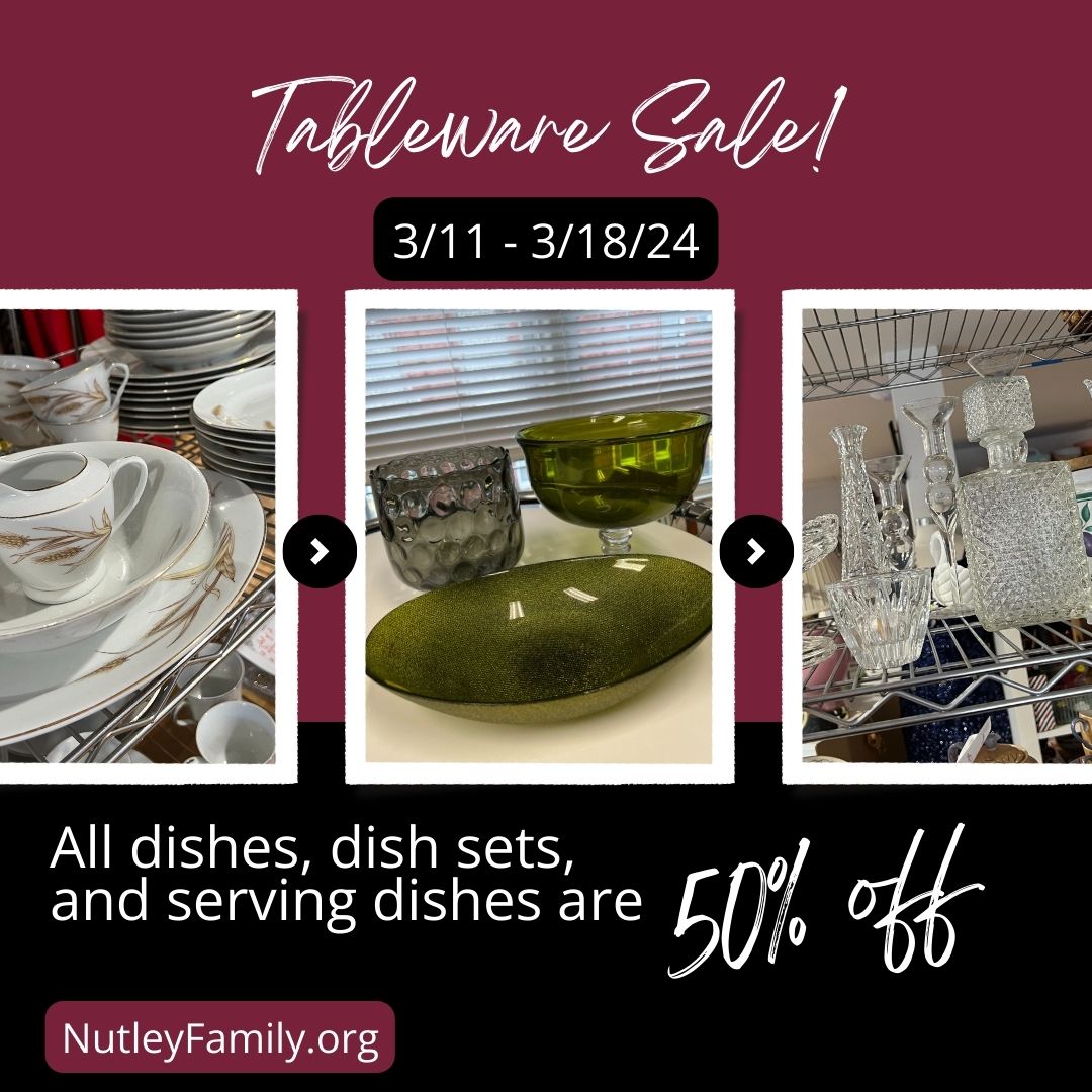 Tableware Sale!

All dishes, dish sets, and serving dishes are 50% off!

*While supplies last.

Sale runs Monday, 3/11 thru Sunday, 3/18/24