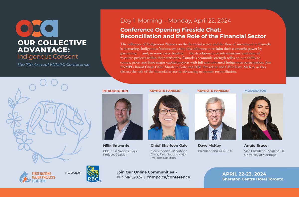The influence of Indigenous nations on the financial sector & investment in Canada is increasing. Canada’s economic strength relies on its ability to source, price, & fund major projects with full & informed Indigenous participation. Learn more at: fnmpc.ca/conference/